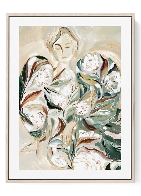 Feminine botanical art print featuring a woman's portrait with floral accents.