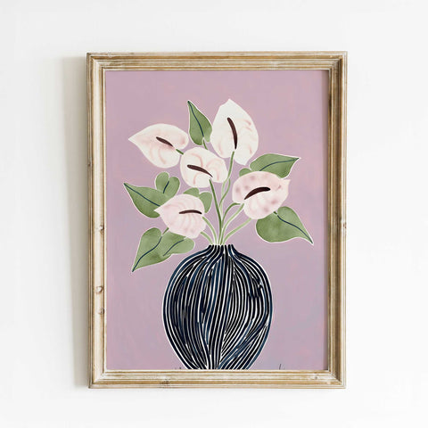 Feminine floral wall decor with soft pink background and white calla flowers