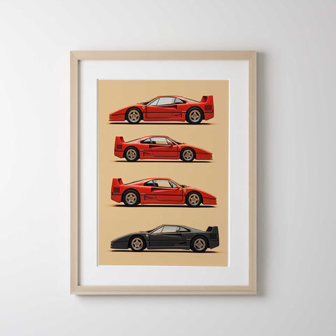 Ferrari F40 blueprint poster with classic supercar wall art