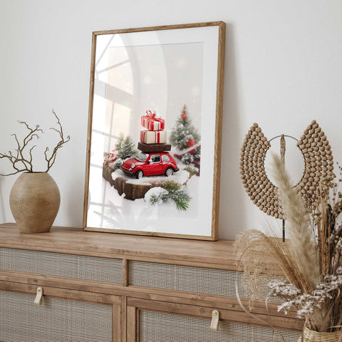 Festive Red Car Loaded with Gifts Canvas Poster Christmas