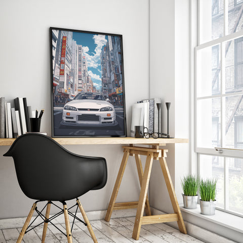 Fine Art Print of a Nissan Skyline R33 in a vibrant Tokyo city setting
