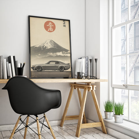Fine Art Print of a vintage Nissan Skyline with mountain landscape