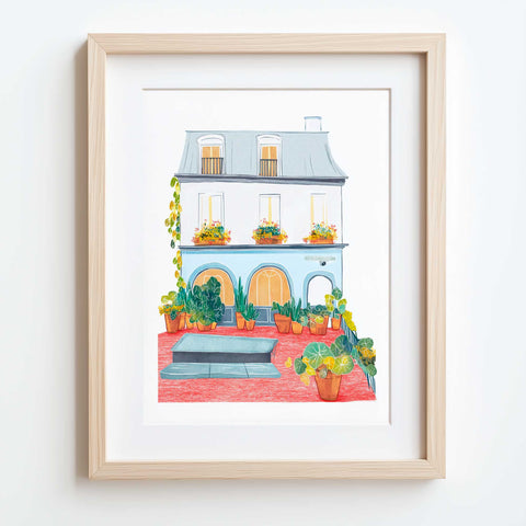 Fine art print of European home with arched doors and planters

