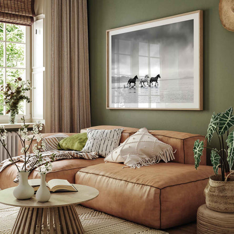 Fine art running horses print for modern farmhouse living room or rustic home office decor