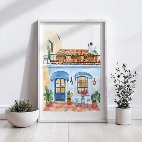 Floral balcony and potted plants in watercolor Mediterranean home

