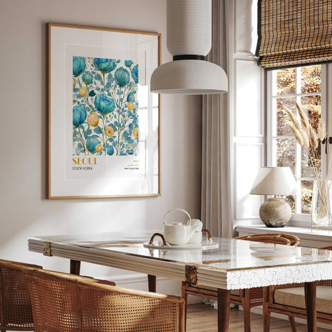 Floral blue and gold artwork Seoul-inspired decor