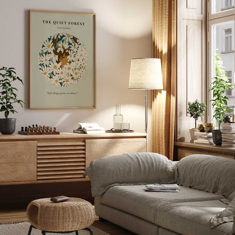 Floral circular design poster in muted sage green and cream tones.