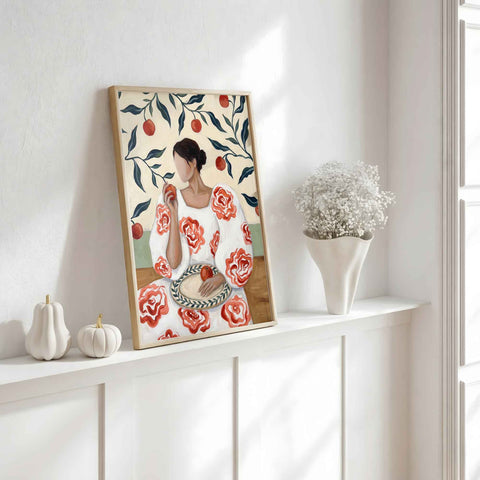 Floral folk art woman with apples