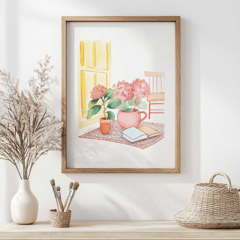 Floral watercolor print with books and warm morning light

