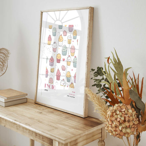 Food-inspired kawaii cupcake print for sweet home decor