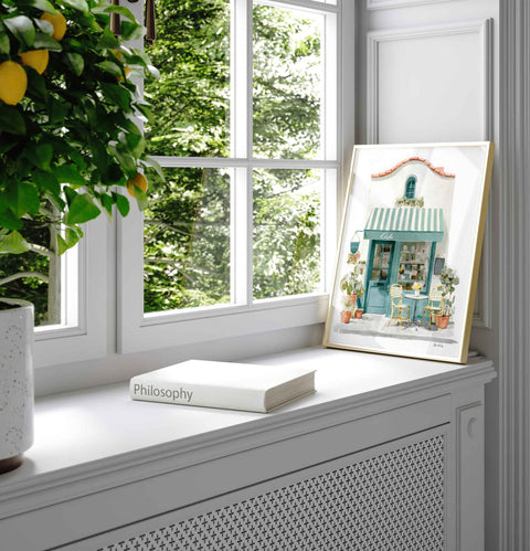 Forest green cafe facade watercolor print for modern home styling