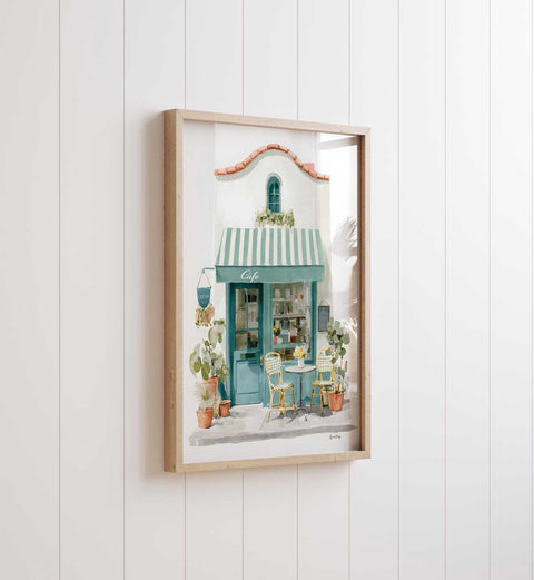 Forest green cafe facade watercolor print for modern home styling