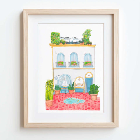 French-style courtyard watercolor print with soft textures and flowers

