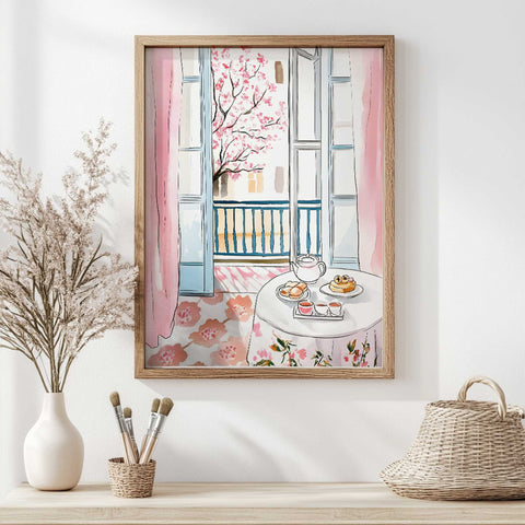 French-style spring breakfast scene in watercolor decor

