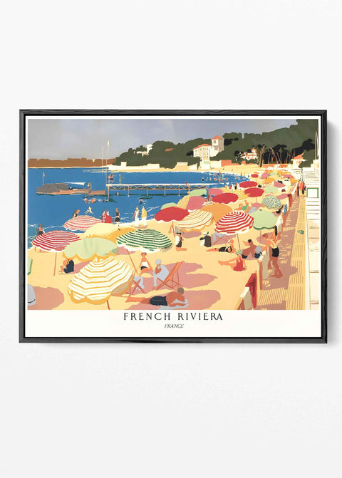 French Riviera travel poster featuring colorful striped beach umbrellas and azure sea