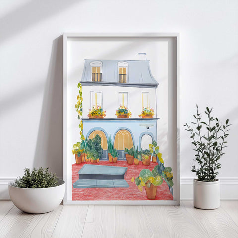 French building watercolor with garden pots and red tiles

