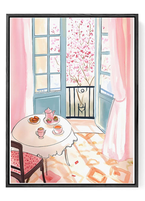 French café-style room scene with pink curtains and spring view

