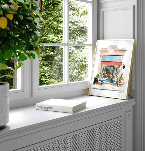 French café exterior watercolor home decor