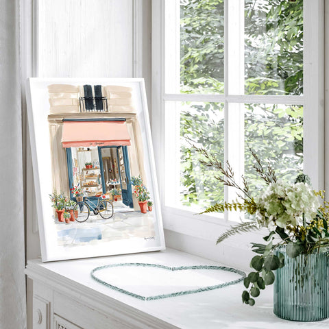 French cafe storefront watercolor kitchen wall art