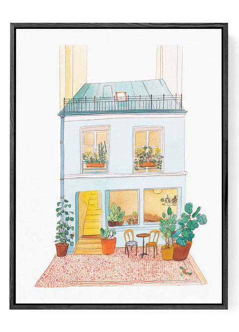 French city apartment with potted plants and warm interior lights

