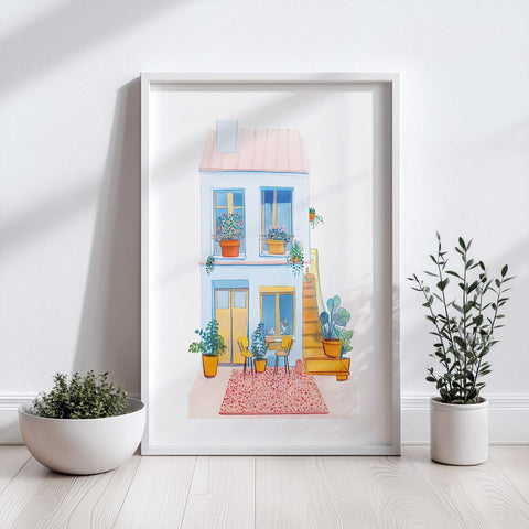 French city home print with sunny stairs and floral balcony

