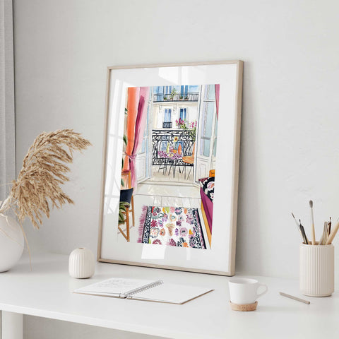 French terrace with pink curtains

