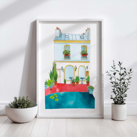 French watercolor print featuring café facade and floral planters

