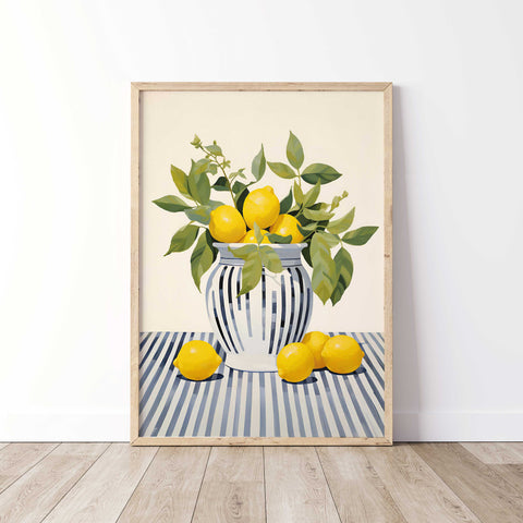 Fresh lemons green leaves botanical print