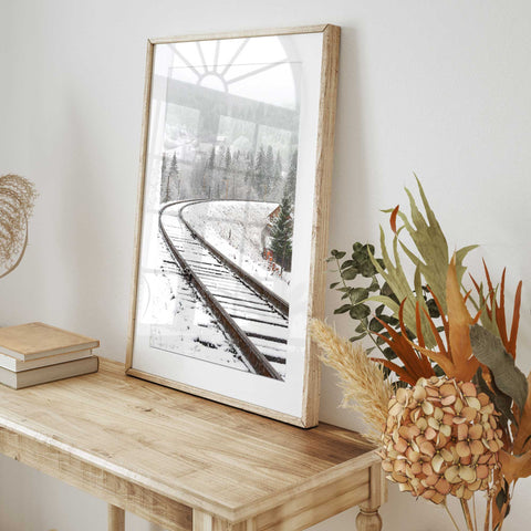 Christmas Frosty Train Tracks Art Print by Oak Poster