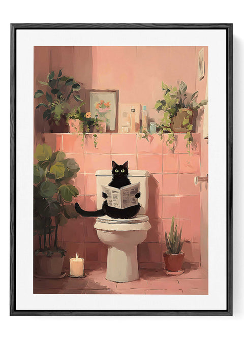 Funny art print of a black cat sitting on a pink toilet reading a newspaper.