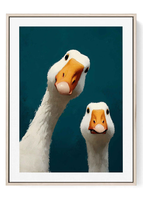 Funny oil painting print of two quirky geese against a bright teal background.