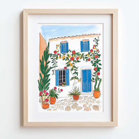 Garden house watercolor featuring rose vines and blue accents

