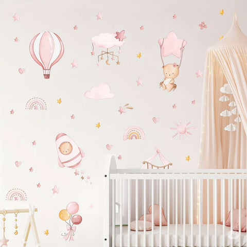 Pink Nursery Wall Decals – Hot Air Balloon & Star Theme