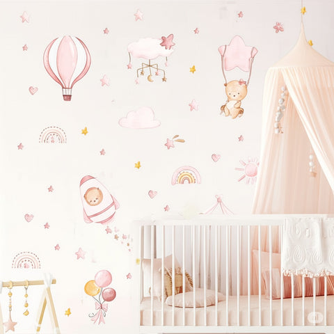 Pink Nursery Wall Decals – Hot Air Balloon & Star Theme