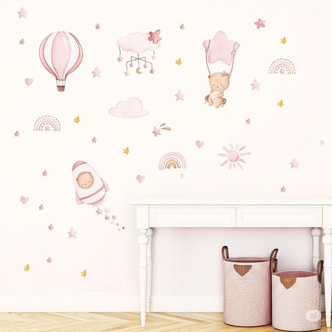 Pink Nursery Wall Decals – Hot Air Balloon & Star Theme