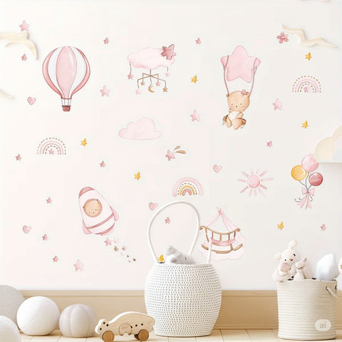 Pink Nursery Wall Decals – Hot Air Balloon & Star Theme