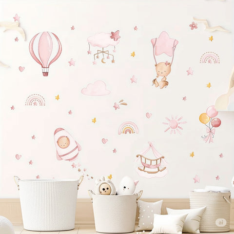 Pink Nursery Wall Decals – Hot Air Balloon & Star Theme