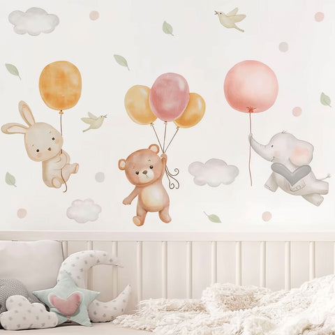 Bear, Bunny, and Elephant Balloon Wall Decals | Soft Pastel Nursery Wall Art