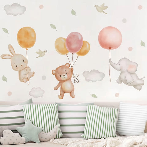 Bear, Bunny, and Elephant Balloon Wall Decals | Soft Pastel Nursery Wall Art