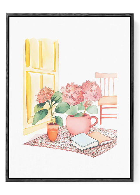 Gentle pastel home decor art of a quiet reading nook

