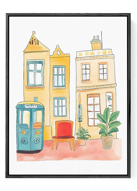 Golden buildings with red chair artwork