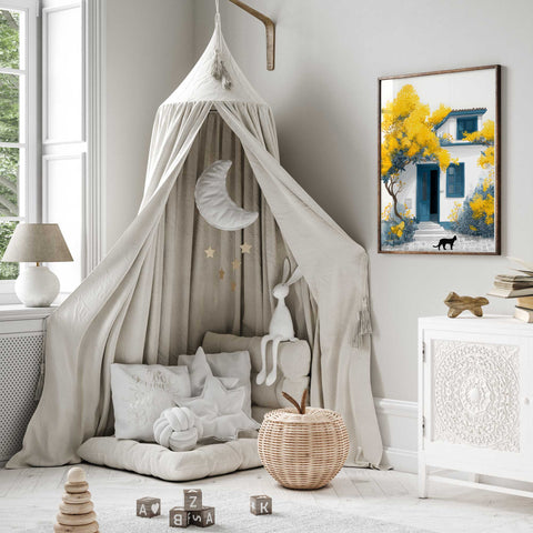 Golden mimosa trees in watercolor with blue house

