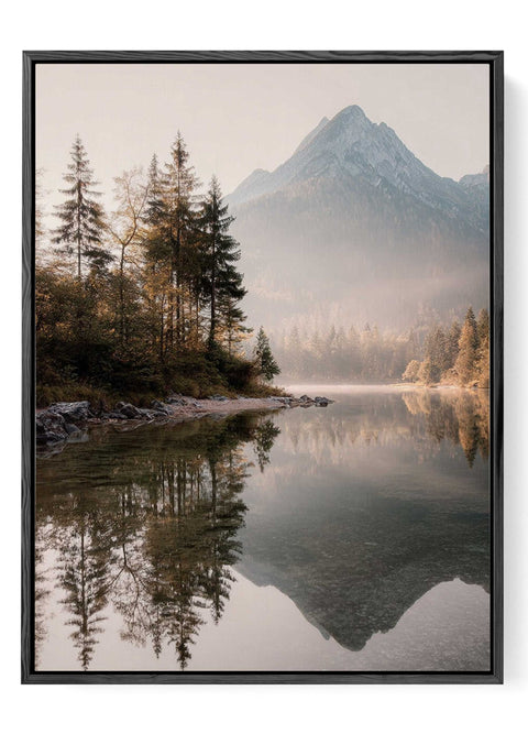 Golden mist mountain lake reflection wall art