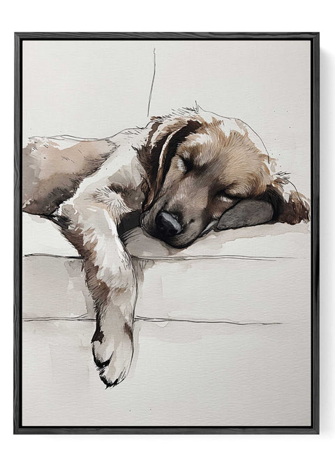 Golden retriever dog wall art illustration featuring sleeping puppy on white cushion