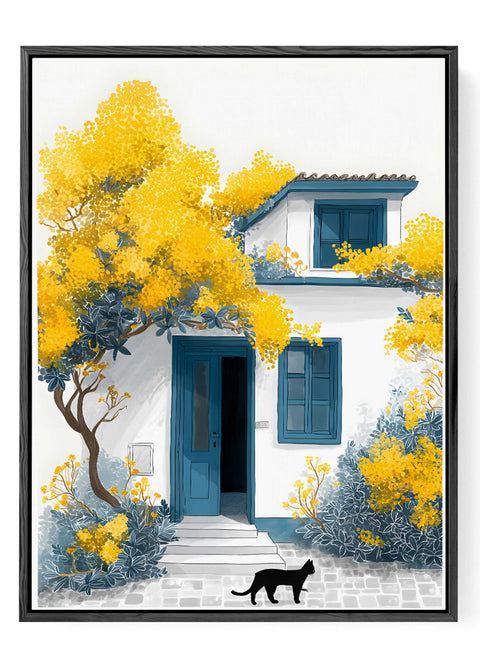 Golden tree and cat in front of blue-trimmed house


