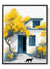 Golden tree and cat in front of blue-trimmed house