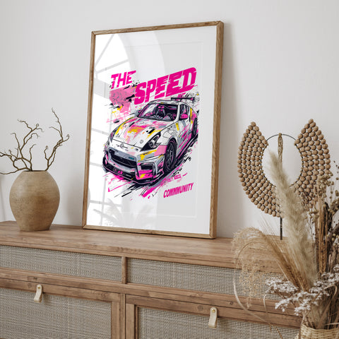 Graffiti style car poster with red and yellow paint splashes