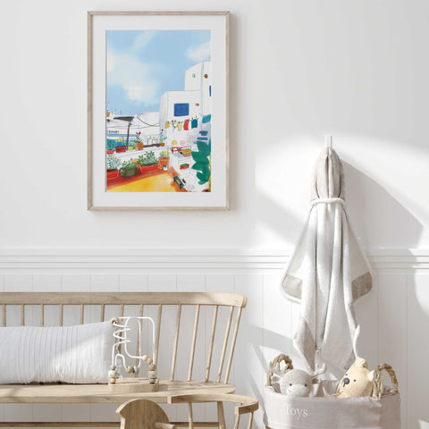 Greece-inspired fine art print with rooftop garden and sea view

