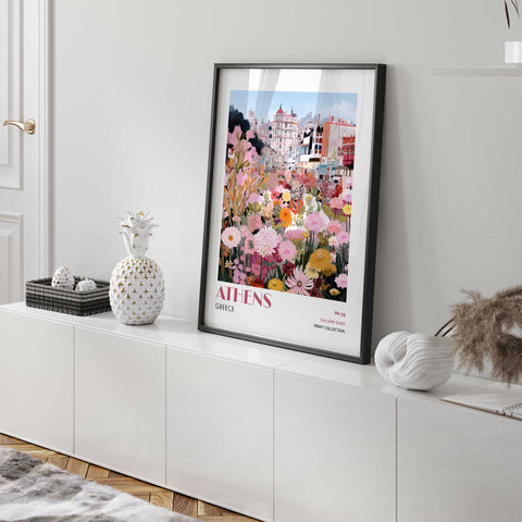 Greece cityscape poster with pink and yellow flowers