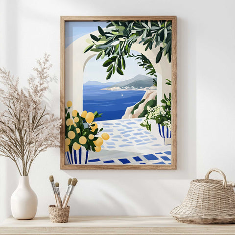 Greek-inspired architecture art print with island and sailboat

